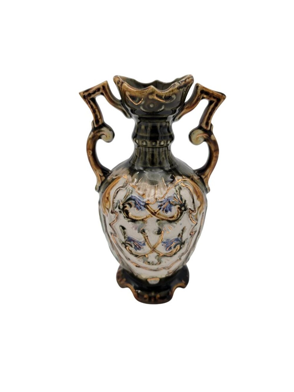 Antique Majolica Pottery Vase with Handles
